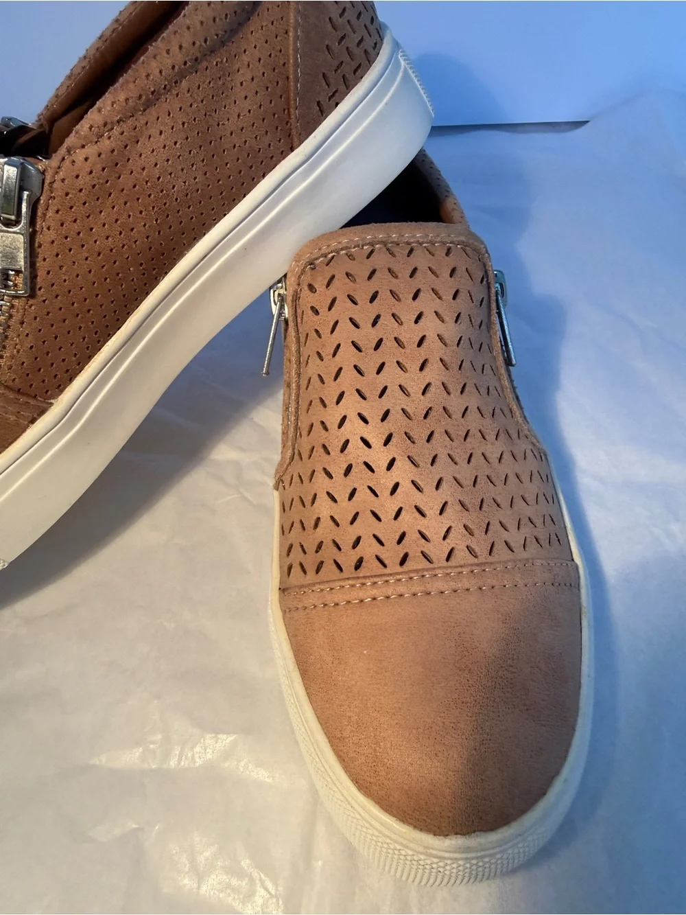 Report-Women's Tan Suede Perforated Slip-On Sneakers